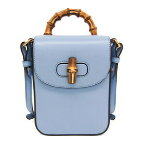 GUCCI Authentic Blue Leather Bamboo Shoulder Bag